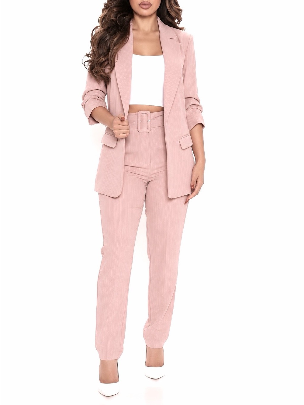 Fashion Nova Mila Pink Pinstriped Suit Blazer Set